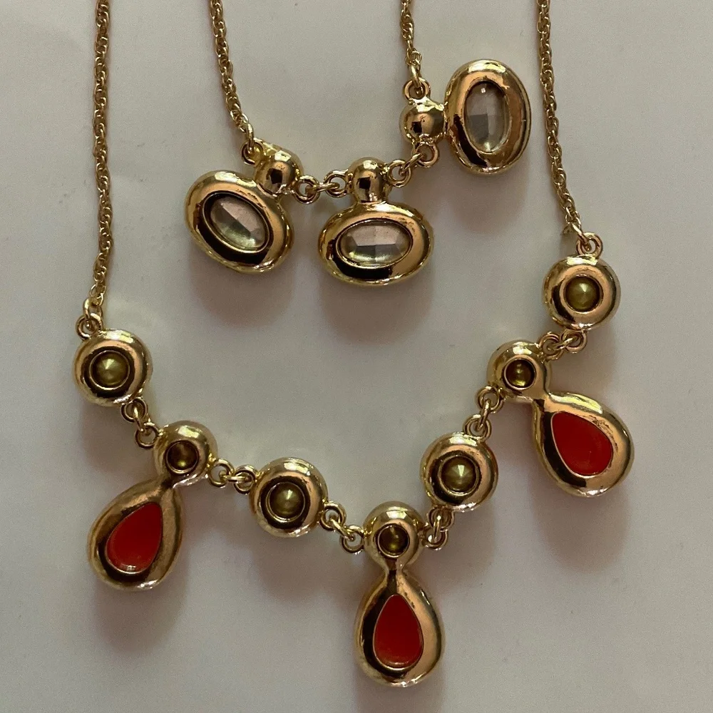 Monet Multi-color Double Strand Necklace  Coral Pink Oval Earrings NWT - Picture 2 of 11